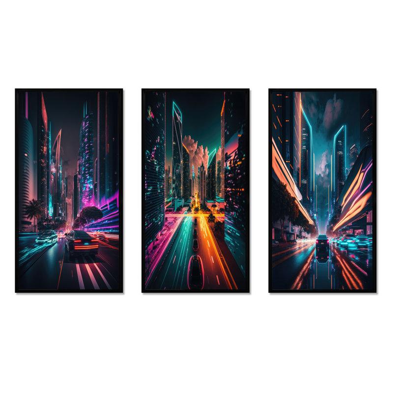 «Futuristic Miami Neon Art», 3 pièces sur toile, Noir, H 32 po x l 48 po