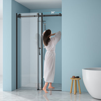 Single Shower Door, 8mm Tempered Glass, 304 Stainless Steel Matte Black Frame, Easy Installation, Suitable For Renovations Glass Door With Rust-, Silent Operation
