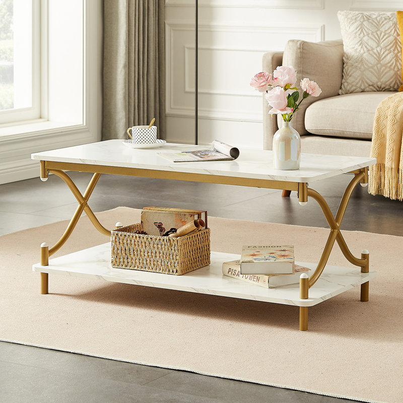 Kempst Coffee Table with Storage Shelf, Rustic Farmhouse White Cocktail Table with Gold Metal Frame, 2-Tier Wood and Metal Frame Accent Table for Living Room, Apartment, or Small Spaces