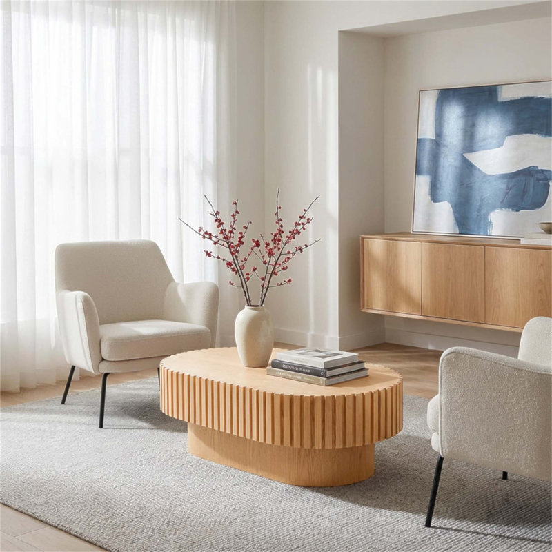 Table basse ovale, conception cannelée moderne Mid-Century avec piédestal robuste, parfaite pour les salons et les petits espaces, 43,1 pouces