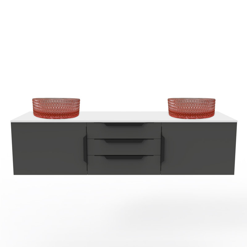Ensemble de meuble-lavabo simple flottant 60 po avec lavabo vasque en verre trempé argenté Wildsee, Rose, Noir