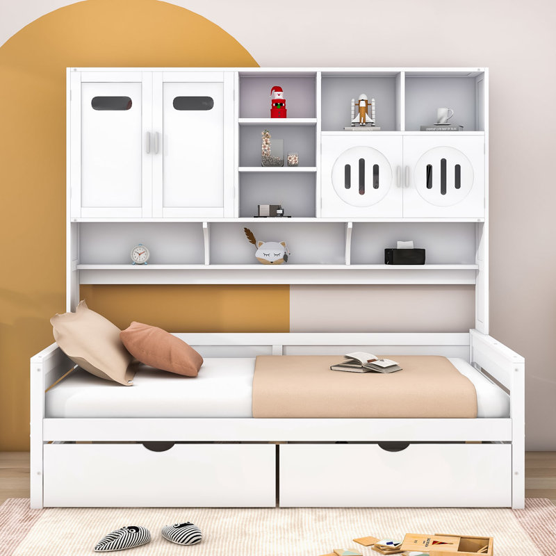 Wellsville Two Drawers Wooden Daybed With Cabinet and Shelf, Full/Double, White