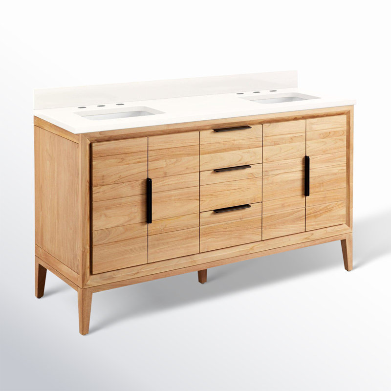 Meuble-lavabo double 60 po Aliso, Quartz blanc arctique, 8 po, Teck naturel