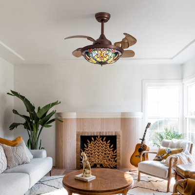 36'' Retractable Blades Ceiling Fan with LED Light and Remote Control, Tiffany Stained Glass Ceiling Fan