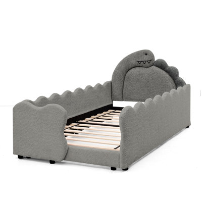 Twin Size Cute Dinosaur-Shaped Kids Bed with Safety Guardraild, Solid Wood Toddler Bed Frame for Children for Bedroom, Boucle Fabric