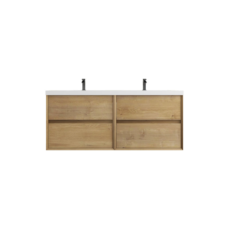 Ensemble de meuble-lavabo double mural 59 po Seavy, Chêne blanc