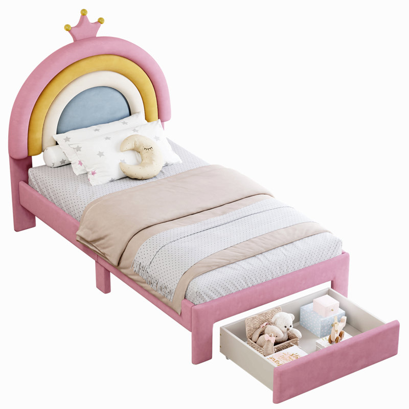 Lit tapissier arc-en-ciel design, lit plateforme en velours avec tiroir de rangement Princess, Twin
