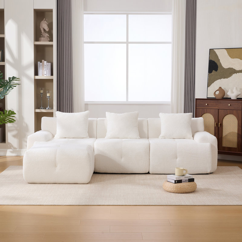 Ensemble de canapé modulaire rembourré en L de 104,3 po 4 pièces, surdimensionné à 3 places avec canapé-lit capitonné et désossé, avec siège profond et repose-pieds mobile, 3 coussins pour le salon, sans assemblage, ivoire