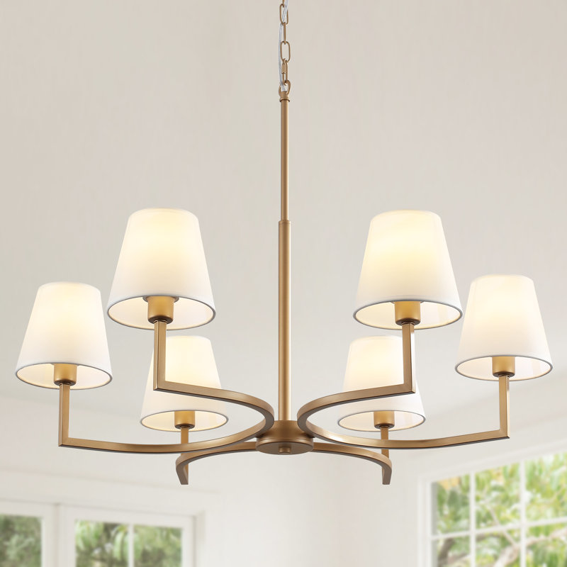 6-light Golden Modern Farmhouse Chandelier With Fabric Shades Dimmable Metal Pendant Light For Living Room, Dining Room, Bedroom