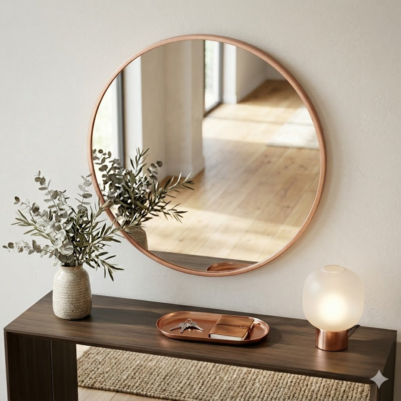 Miroir mural rond en métal Adelina, Or rose