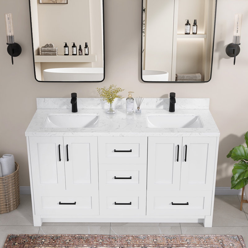 60 po X P 22 po D Comptoir de salle de bain rectangulaire en marbre blanc cultivé