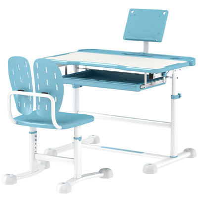 Qaba Kids Desk And Chair Set, Height Adjustable Kids Study Table And Chair Set With Tilt Desktop, Large Writing Board, Storage Drawer, Book Stand For 3-12 Years