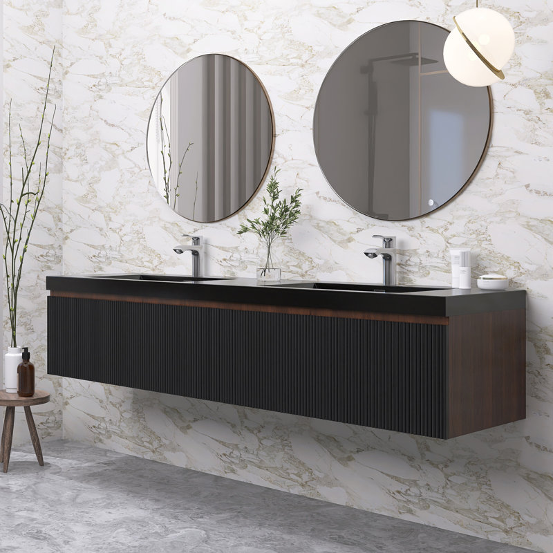 Meuble-lavabo moderne à rayures avec lavabo double, 71"
