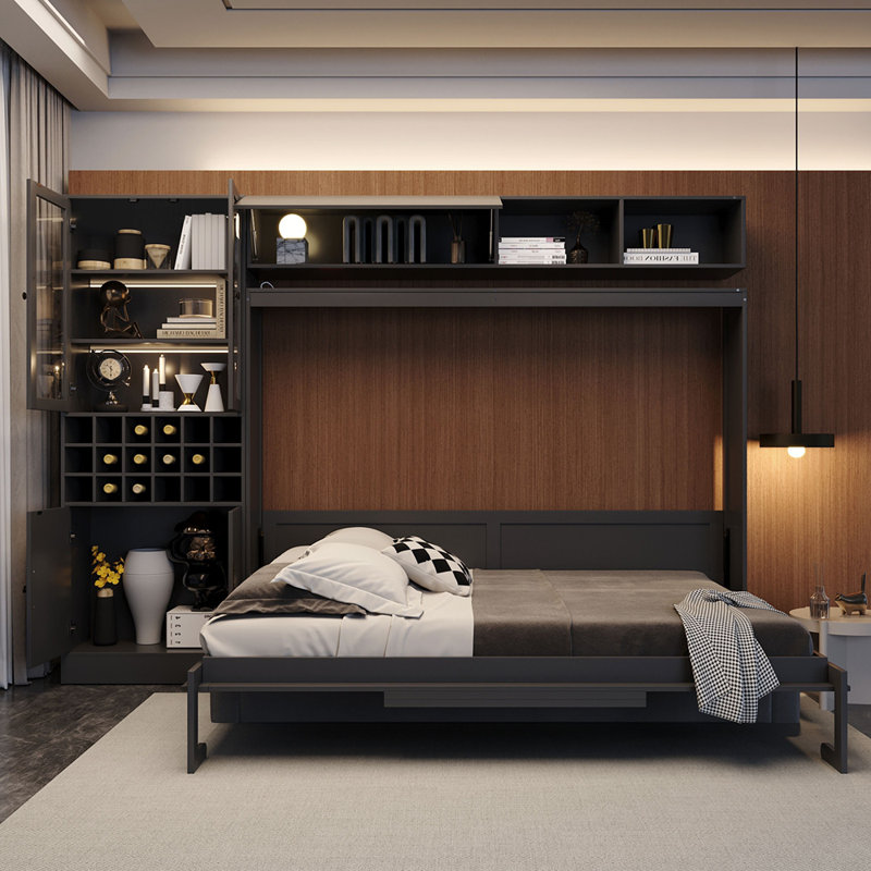 Lit escamotable mural avec canapé, tablettes USB et lumière Murphy, Gris, Grand lit
