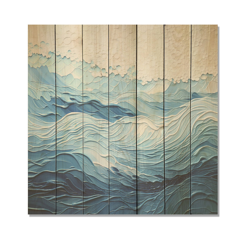 Ondes bleues et blanches modernes de la côte I - Minimalisme côtier sur bois, H 15 po x l 15 po