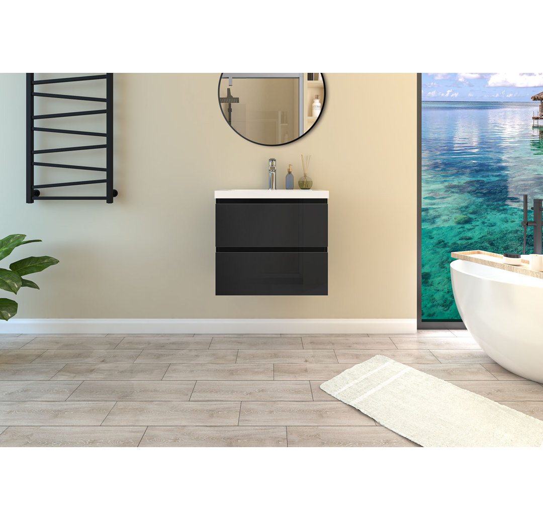 White/Anthracite Glossy Vanity Unit,Wall Mounted,Detachable,Soft Close,Two-Drawer+Basin