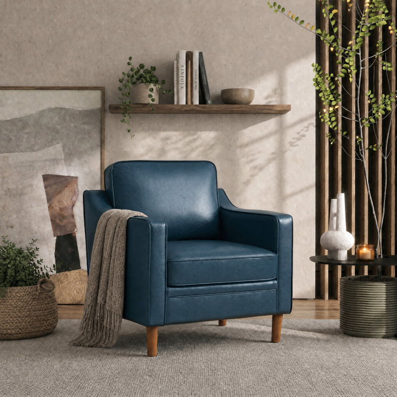 32" W Modern Soft Faux Leather Chair, Dark Blue  Faux Leather