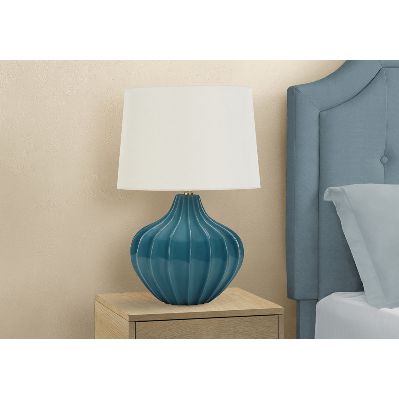 Lighting, H 24 po, lampe de table, céramique bleue, abat-jour ivoire / crème, transitionnel