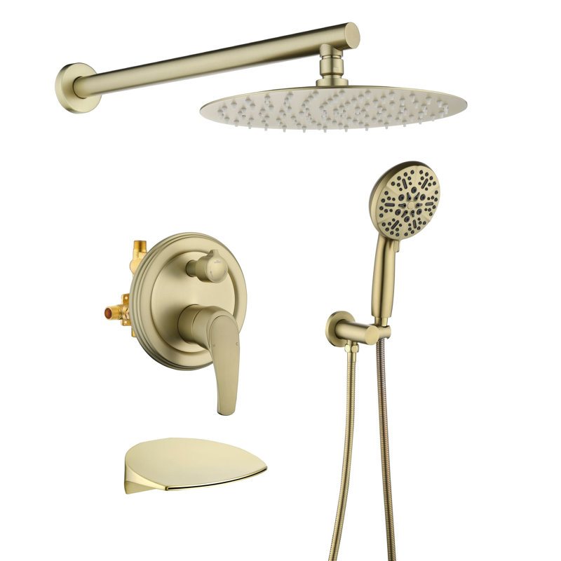 12 Inch Wall Mount Shower System With Hand Shower Single Handle Shower Faucet Set Brass Waterfall Shower Trim Kit With Tub Spout