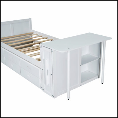 Lit plateforme multifonctionnel en bois avec bureau et tablette de rangement, alliant confort, organisation et style pour une vie moderne.