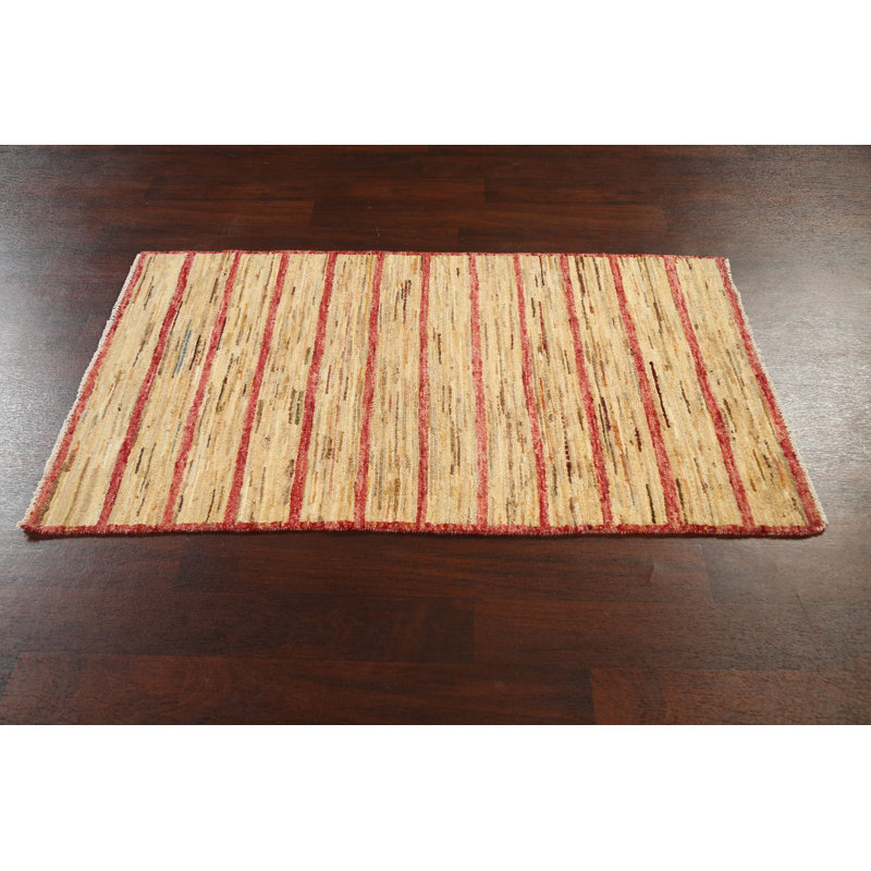 Tapis beige / rouge en laine noué à la main de conception unique 2 pi 10 po x 5 pi 1 po New Age