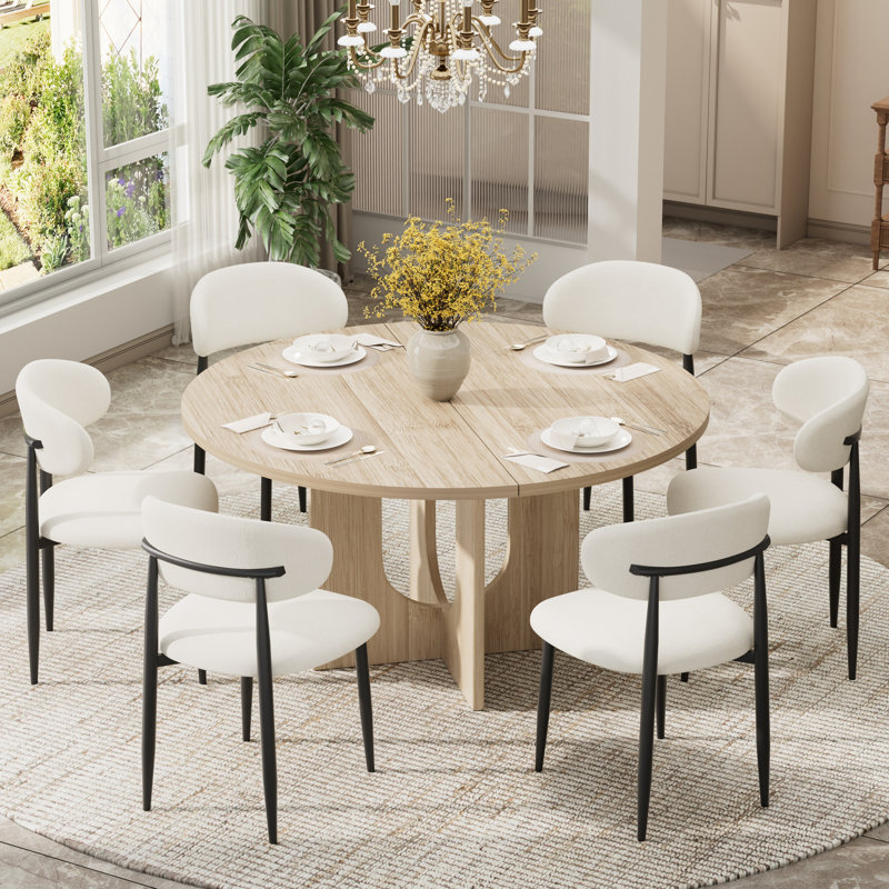 Wooden Round Dining Set for 4-6, Mid-Century Modern Kitchen Table and Linen Upholstered Chair for Dining Room, Natural, Black