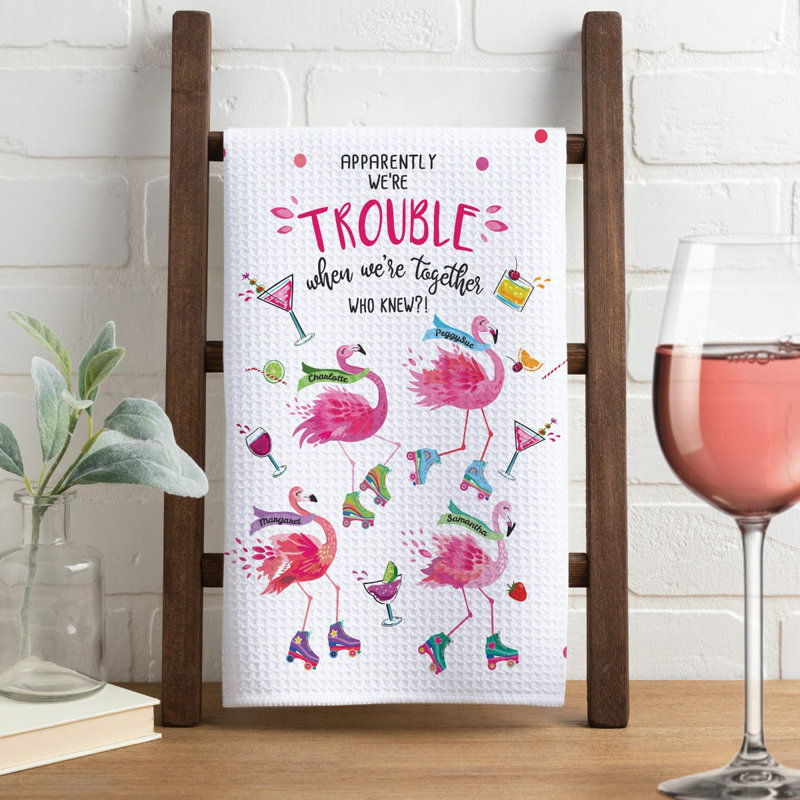 Serviette de thé personnalisée Flamingo Friends - Trouble Together, 4 flamants roses, Yes