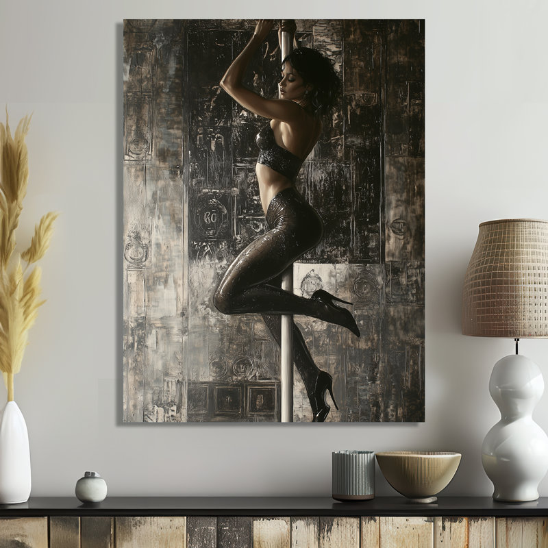 «Sultry Pole Dancer In Grey - Woman Stripclub», reproduction d'art murale, Cadre photo blanc, H 20 po x l 12 po