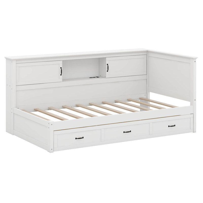 L-Shaped Bed Frame With Drawer And Bookcase, Corner Bed Wooden Captain Bed With Led Downlight And USB Port, Twin