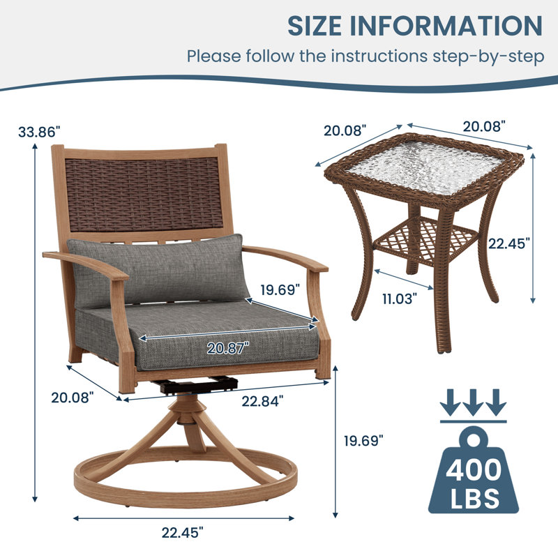 Ensemble de 3 chaises berçantes pivotantes d'extérieur avec petite table d'appoint 3 pièces, Gris