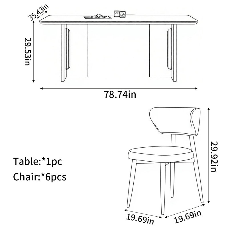 Ensembles de table de salle à manger élégants et élégants, 7 pièces : table, 6 chaises, 29.53" H x 78.74" W x 35.43" D