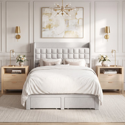 Ensemble de chambre à coucher: Lit plateforme capitonné avec rangement à 2 tiroirs et tête de lit avec rangement et table de chevet à 2 tiroirs avec tablette ouverte