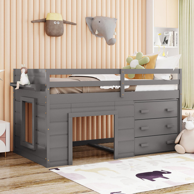 Lit mezzanine avec armoire et tablette, Gris