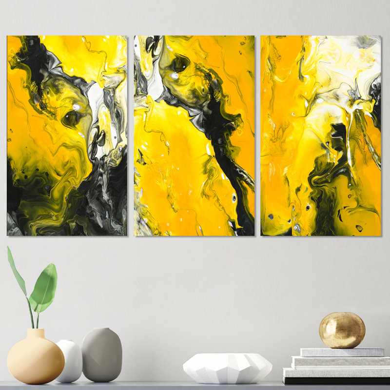 Jaune jaune noir et blanc liquide Art III - ensemble d'art moderne de 3 pièces, H 20 po x l 36 po x P 1 po