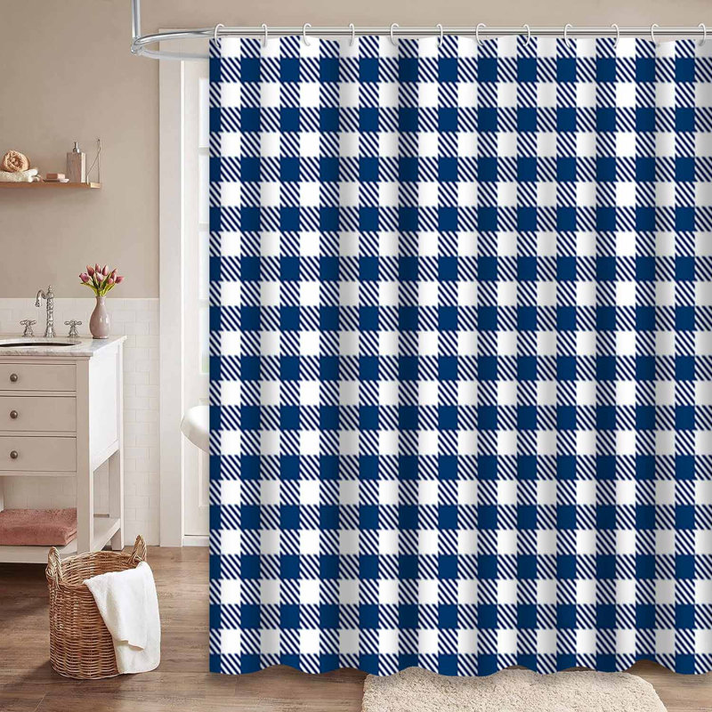 Rideau de douche à carreaux bleu avec 12 crochets, L 72 po x l 84 po