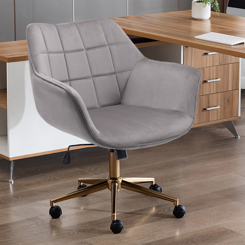 Chaise de travail ergonomique en velours ergonomique rembourrée à hauteur réglable avec roulettes, Gris