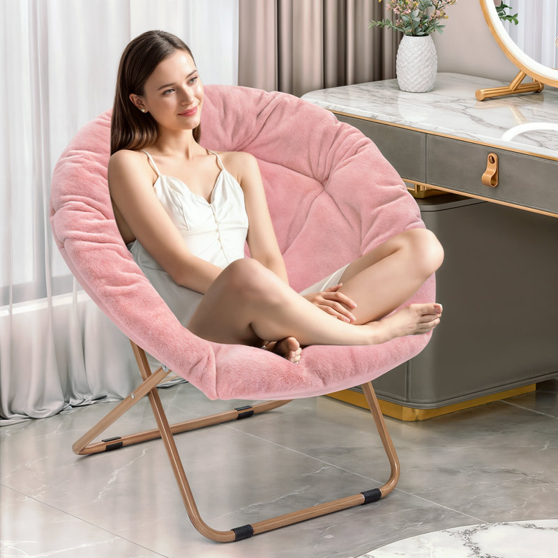 Upholstered Foldable Saucer Chair with Headrest, Cozy Accent Chair Lounge Moon Chair for Living Room Bedroom, Pink