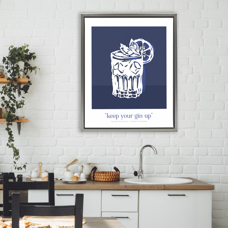 Cadre flottant bleu marine Keep Your Gin Up, design par Lettré et doublé, Cadre flottant gris lustré, H 31 po x l 25 po