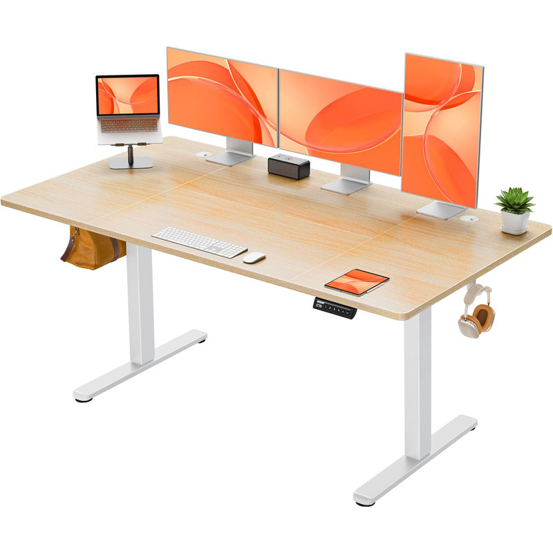 Height Adjustable Rectangular Standing Desk, 118cm H x 160cm W x 80cm D, Beige/White