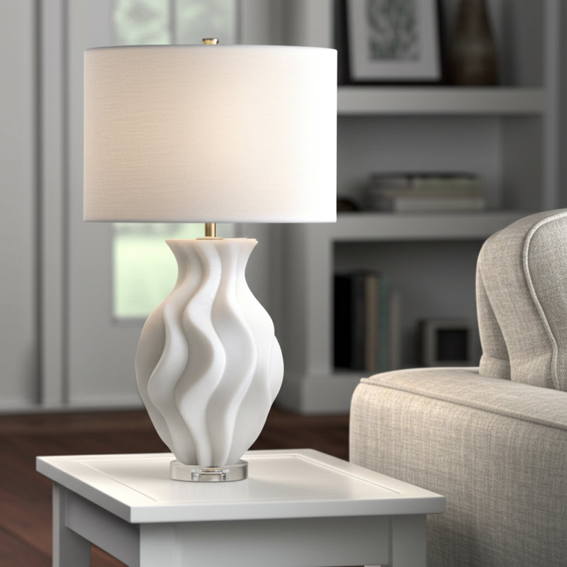 Lampe de table à quartz en pierre à base texturée ondulée, abat-jour en tissu, bureau à domicile moderne, salon, luminaire décoratif décoratif, lampe simple décorative - 29 po - blanc