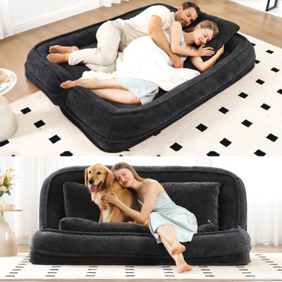 Nouveau paresseux, lit double pour chien, 2 places, 5 positions réglables, chenille, noir, idéal pour la lecture et la détente avec votre oreiller moelleux, parfait pour les activités familiales
