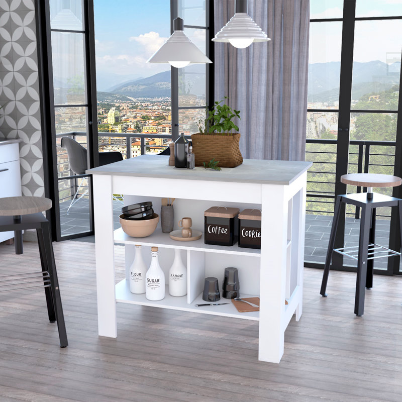 Îlot de cuisine polyvalent à 3 tablettes pour une cuisson et un rangement efficaces, Blanc / Gris