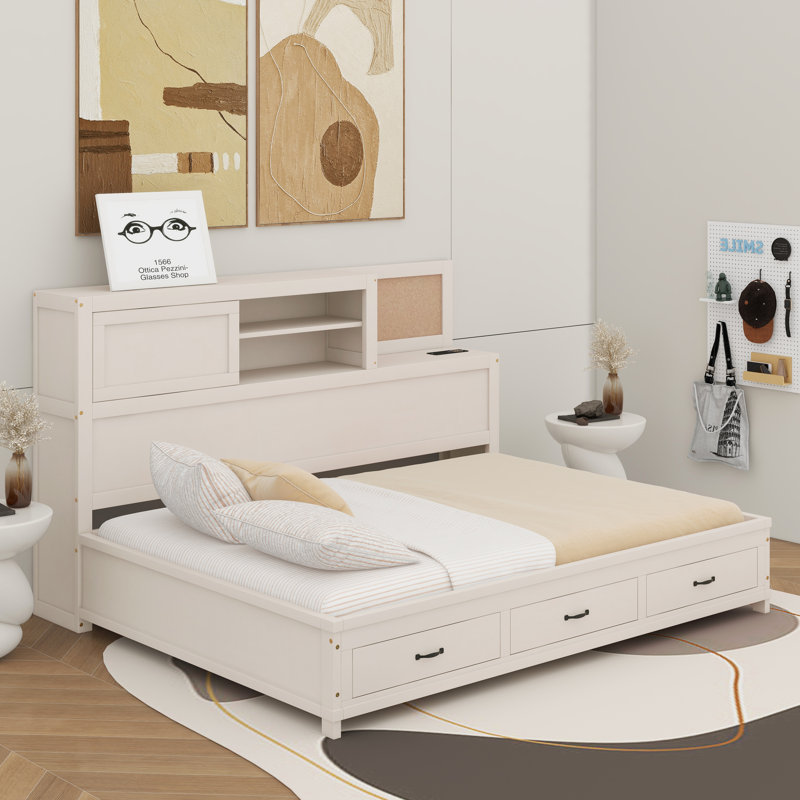 Lit de jour en bois pleine grandeur avec 3 tiroirs de rangement, tablette souple supérieure, tablette et ensemble de prises et ports USB