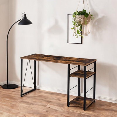 Writing Desk with Weathered Oak Top and Sleek Black Metal Base, 2-Tier Storage Shelves for Home Office