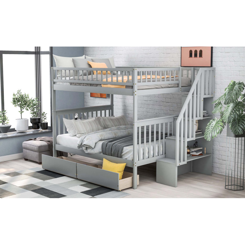 Lit superposé double au-dessus de double avec tiroirs sous le lit et grand espace de rangement intégré, gris, Gris