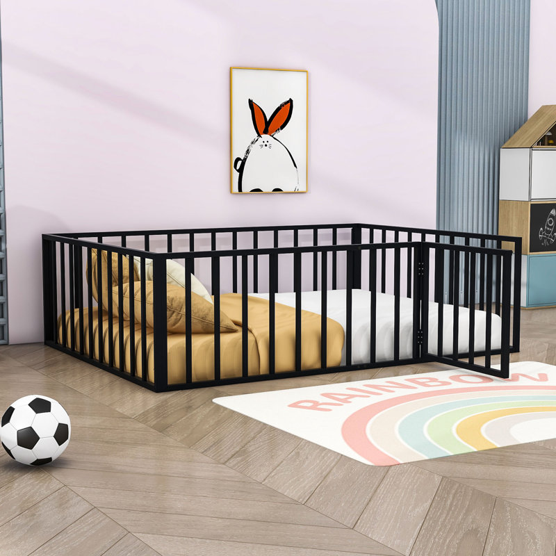 Idonah Metal Floor Bed with Fence and Door, Full, Black