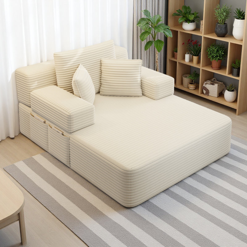 Chaise longue en velours côtelé luxueux avec 3 coussins, canapé-lit convertible avec poche de rangement, conception sans cadre et mousse de compression pour les petits espaces