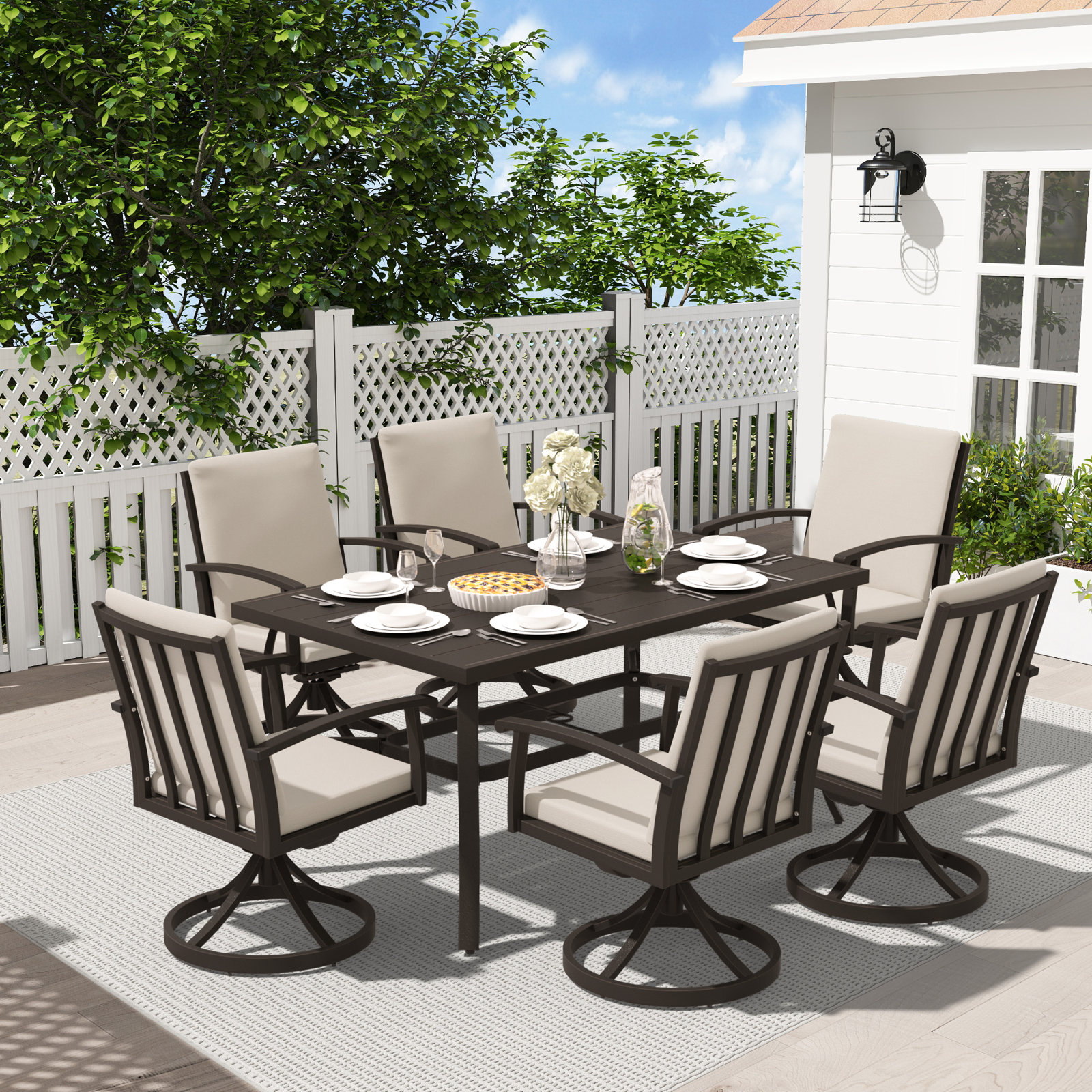 Whittlesey Rectangular Aluminum Dining Set with Cushions, 6, Dark Brown