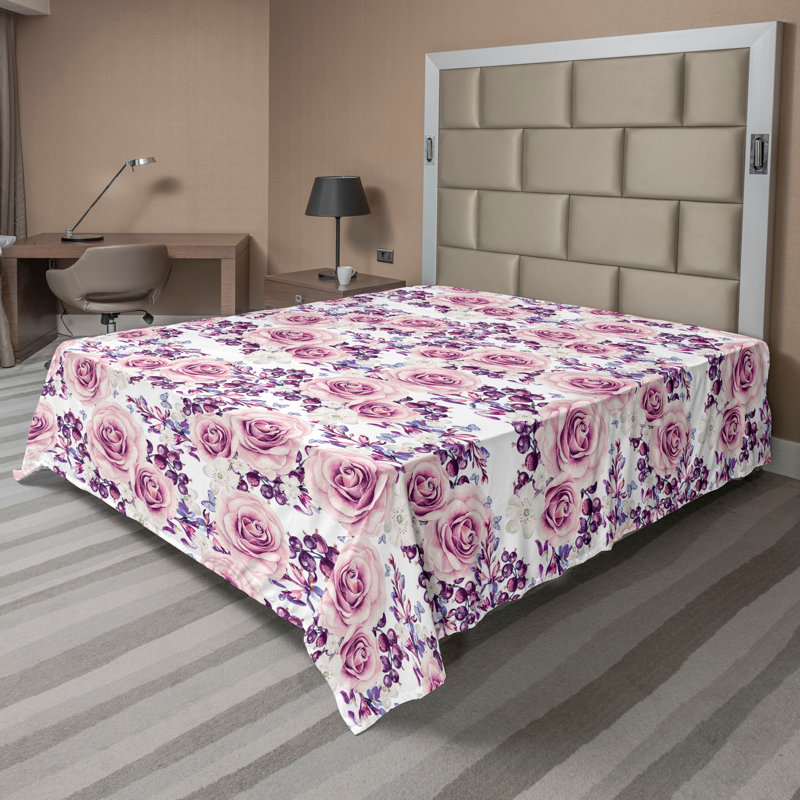 Drap Ambesonne Rose Branches romantiques papillons mauve lilas blanc, Drap plat de taille très grand