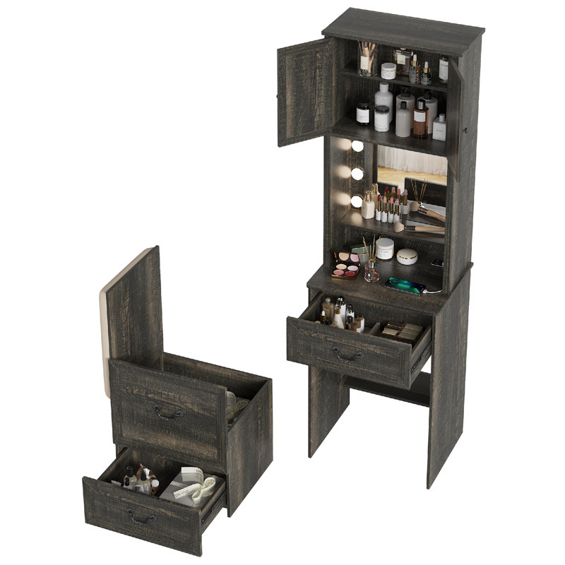 Small Makeup Vanity Set with LED Lights, Rustic Brown
